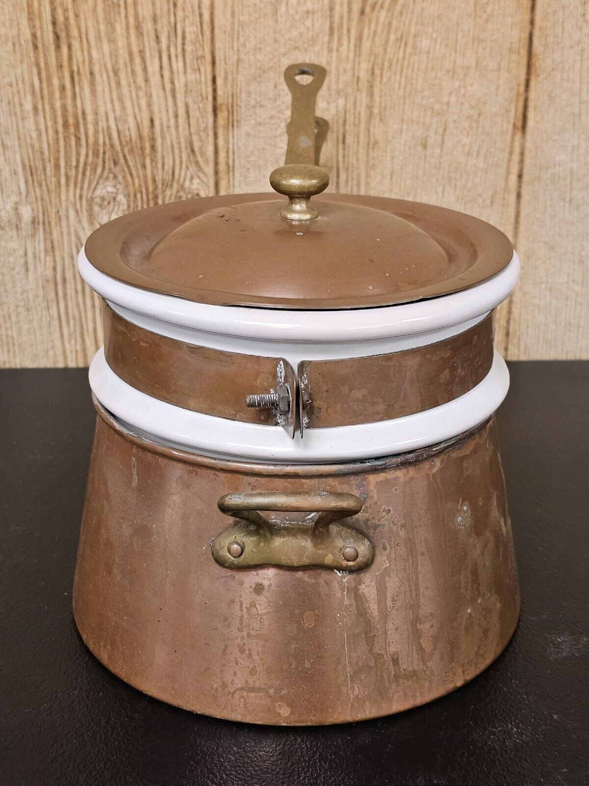 Vintage French Copper Brass Bazar Francais NY 666 Double Boiler 13" Wide X 7" Ta