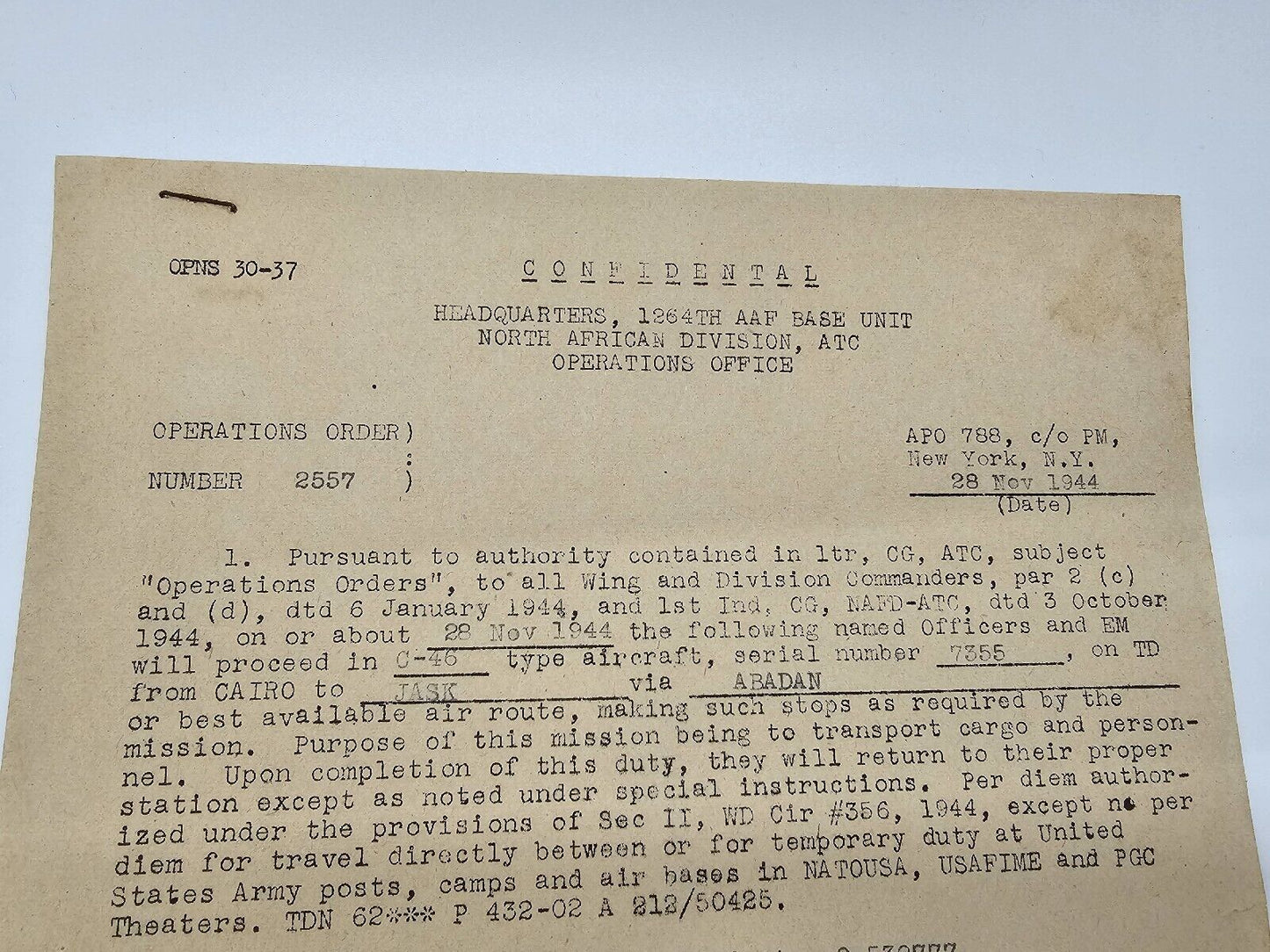 WW2 US Army Air Corps Pilot Official Flight Order Transporting C-46 Aircraft
