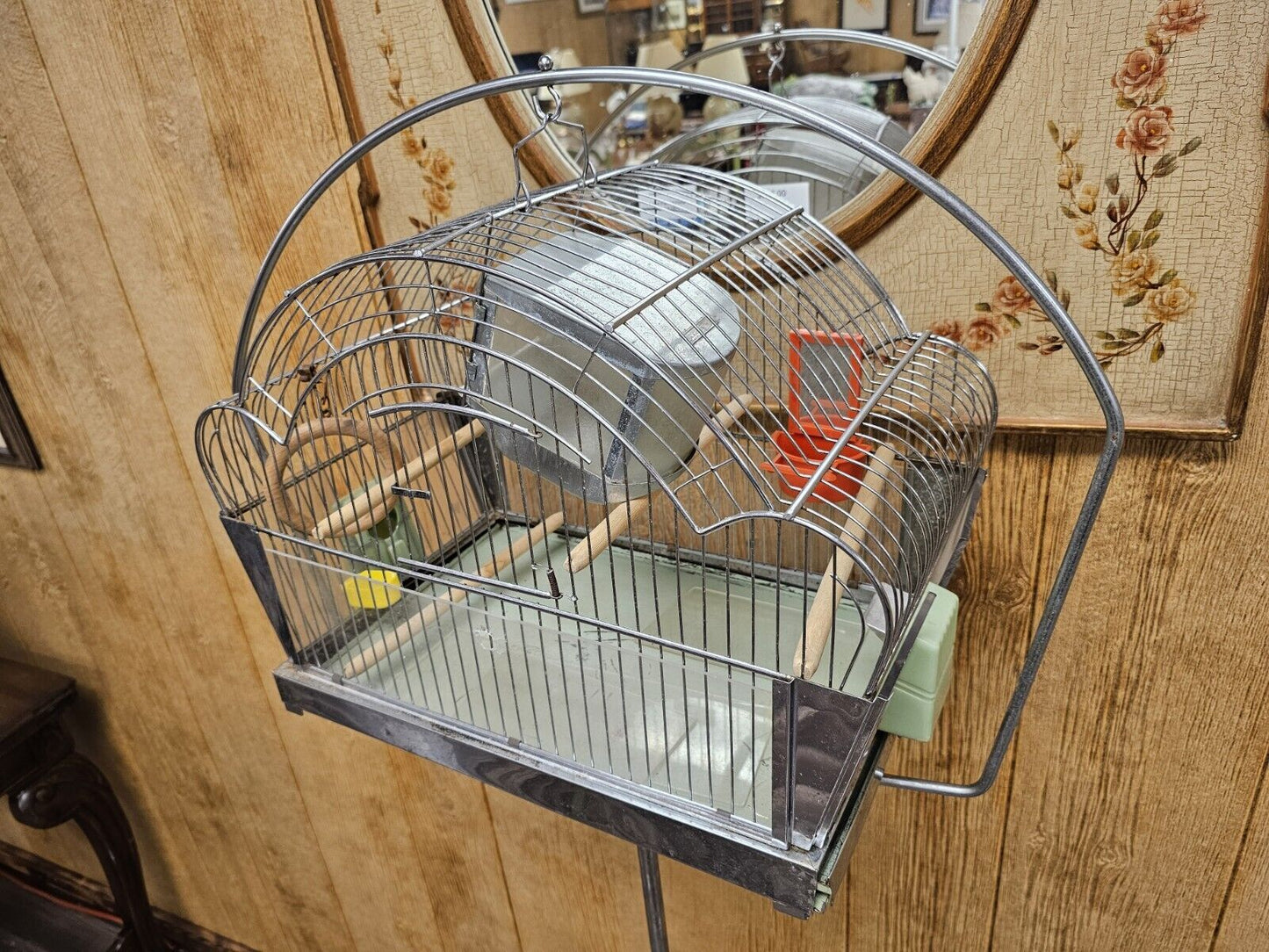 Vtg MCM Art Deco Chrome Genykage Bird Cage Stand Feeding Watering Accessories