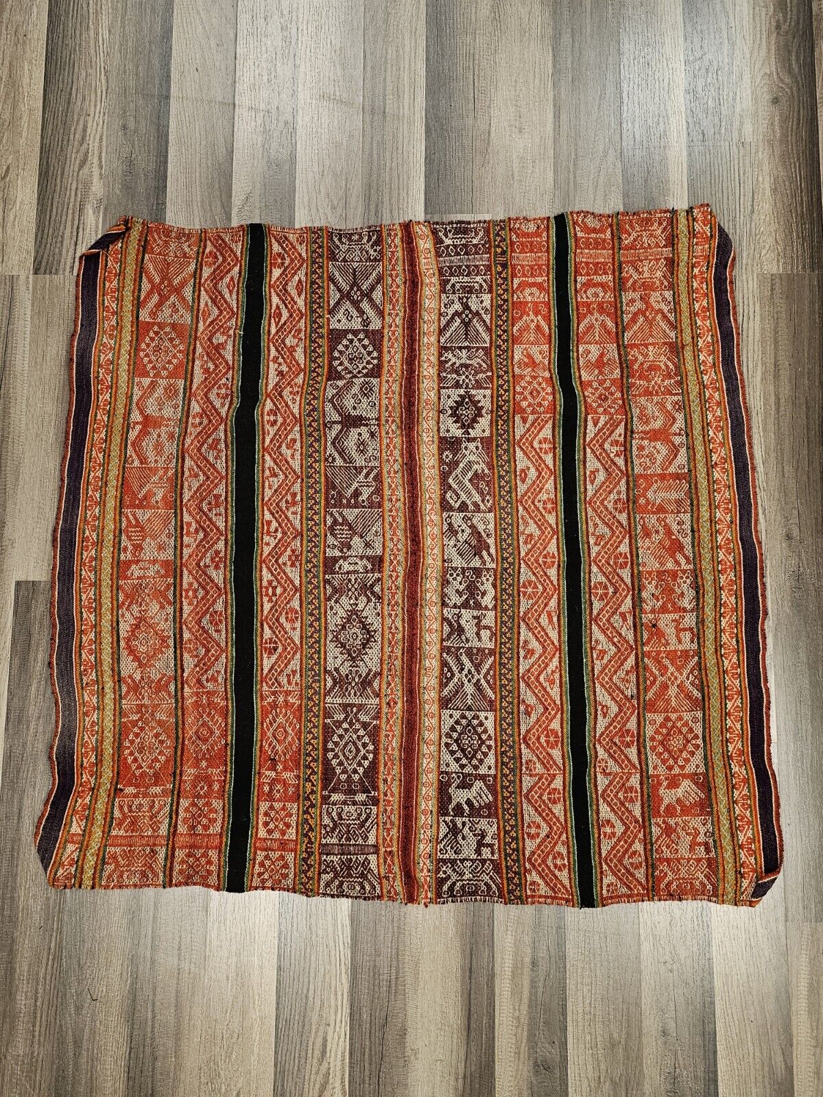 Vtg Peruvian Andean Mountain Pictorial Textile Manta 39" X 38" Red Prayer Rug
