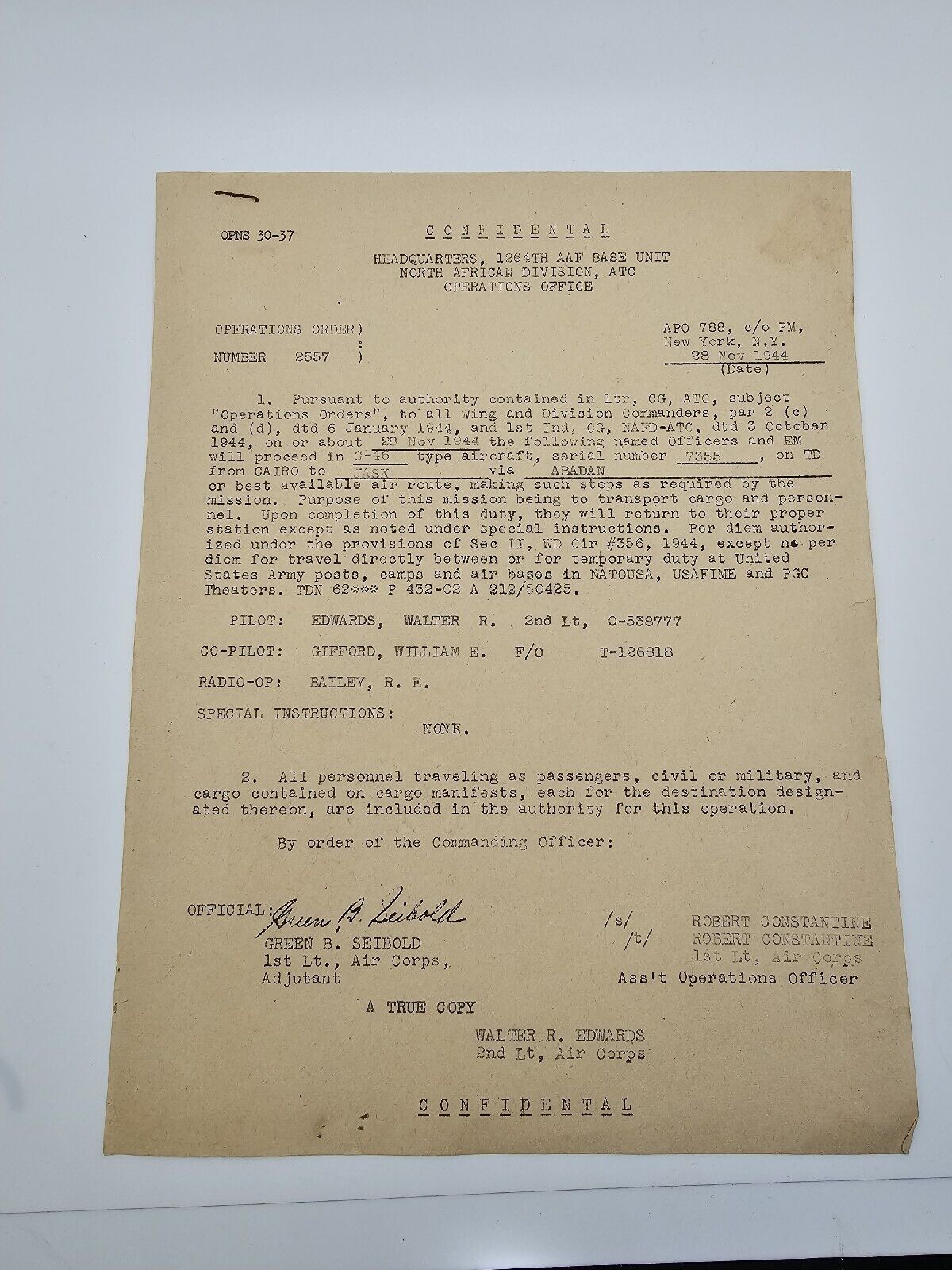 WW2 US Army Air Corps Pilot Official Flight Order Transporting C-46 Aircraft
