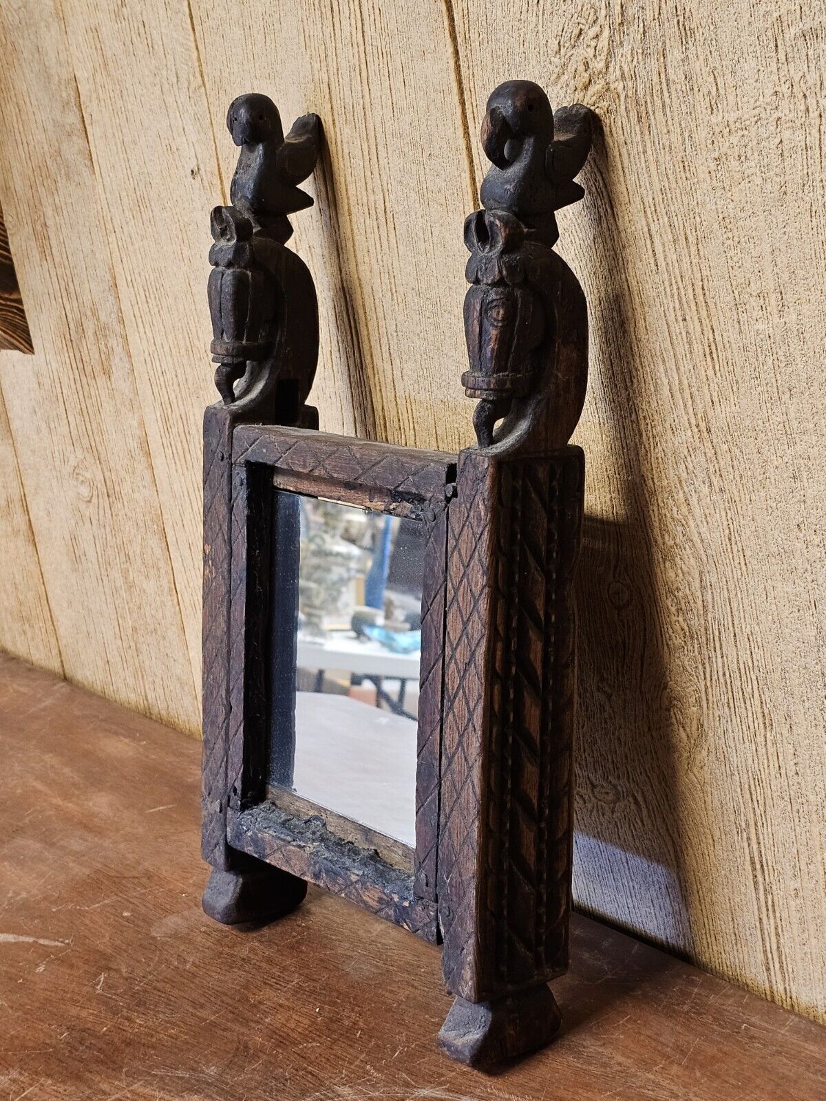 Antique Handmade Mirror Carved Teak Horsehead & Raven Tribal Scandinavian Viking