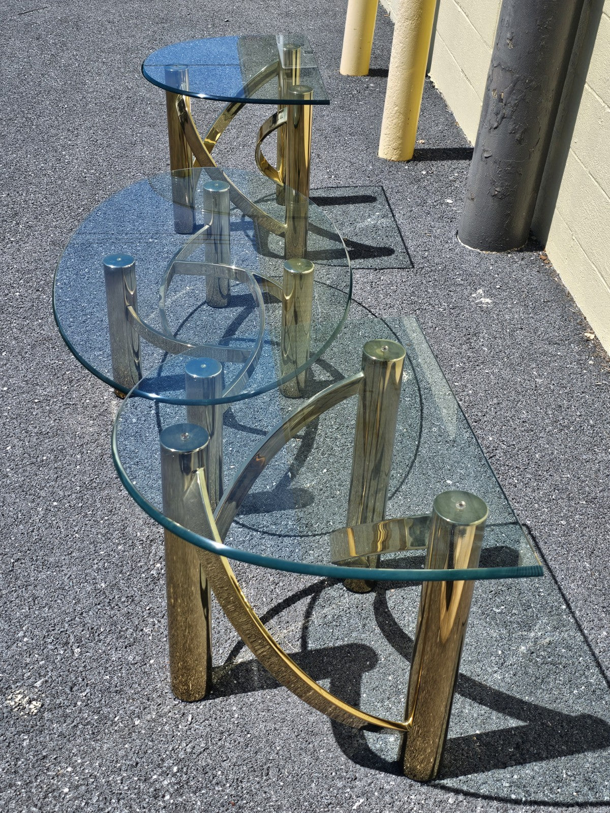 1980s Post Modern Tubular Brass & Beveled Glass Side Table Coffee Table Set