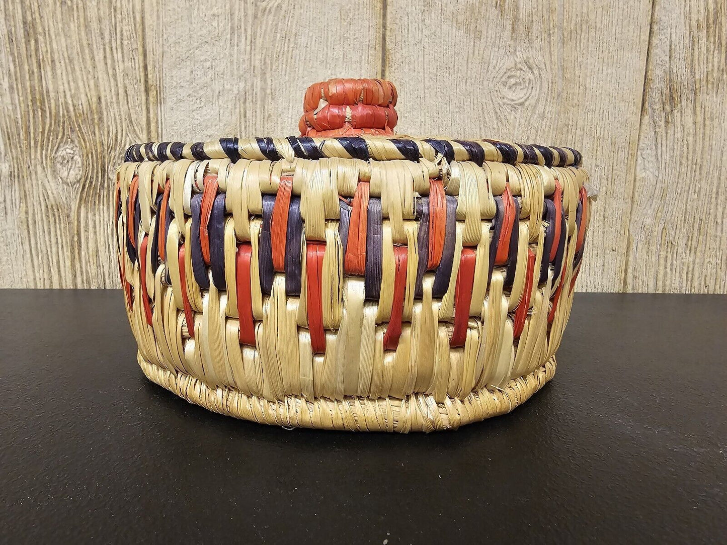 Vintage 1960s Mid-Century Hand Made Round Lidded Woven Basket Storage Sewing 9in
