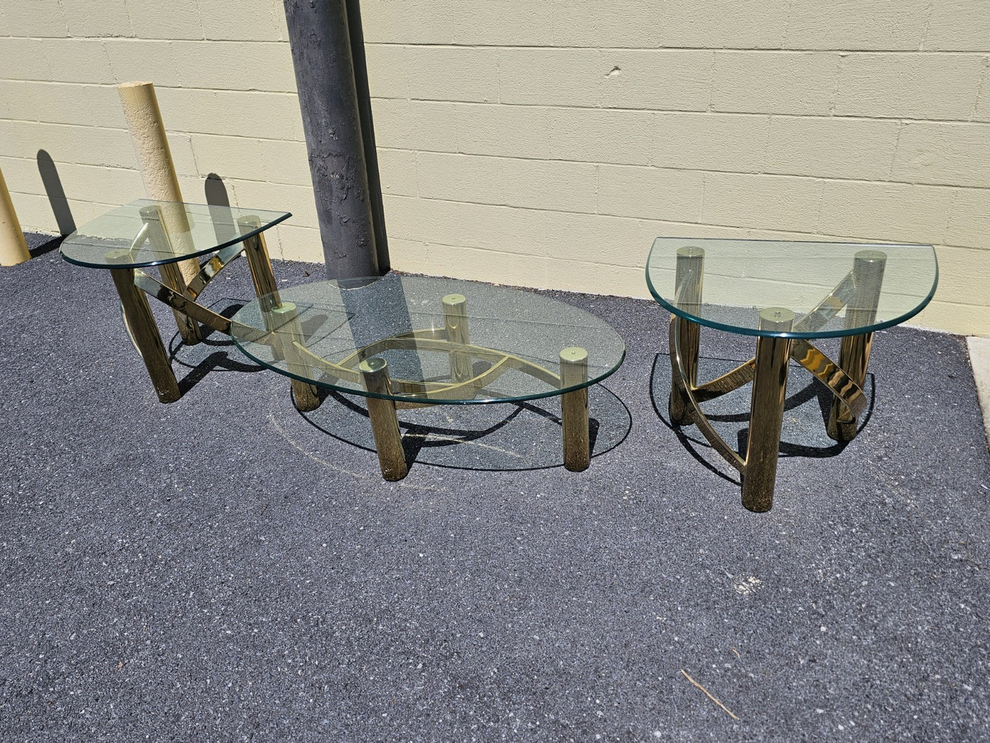 1980s Post Modern Tubular Brass & Beveled Glass Side Table Coffee Table Set