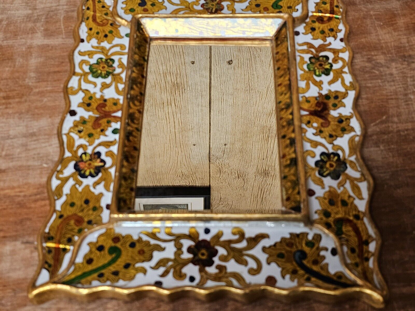 Vtg Reverse Hand Painted Glass Mirror On Wood With Gold Leaf & Ornate Medallions