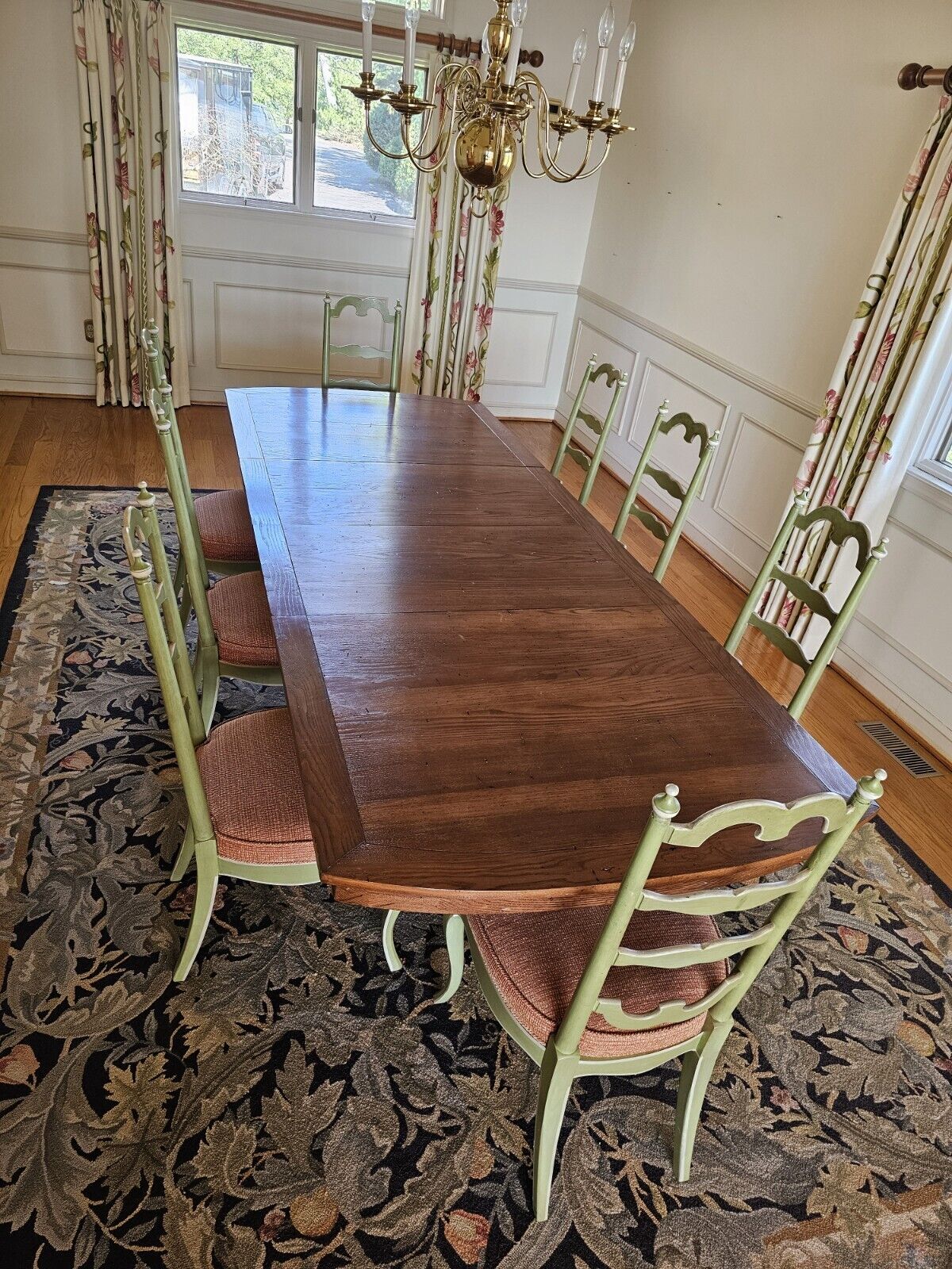 Wormy Chestnut Dining Table & 8 Chair Set 114 Inches Long On Modified Base