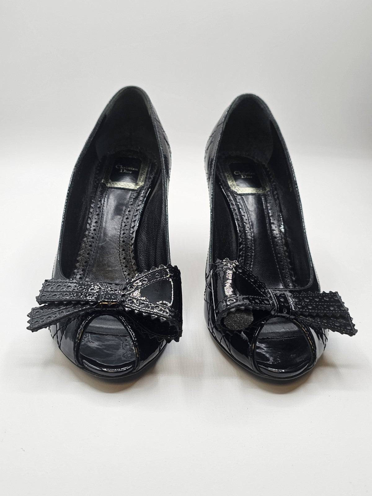 Christian Dior Black Canage Patent Leather Bow Peep Toe Pumps Size 36.5 Used
