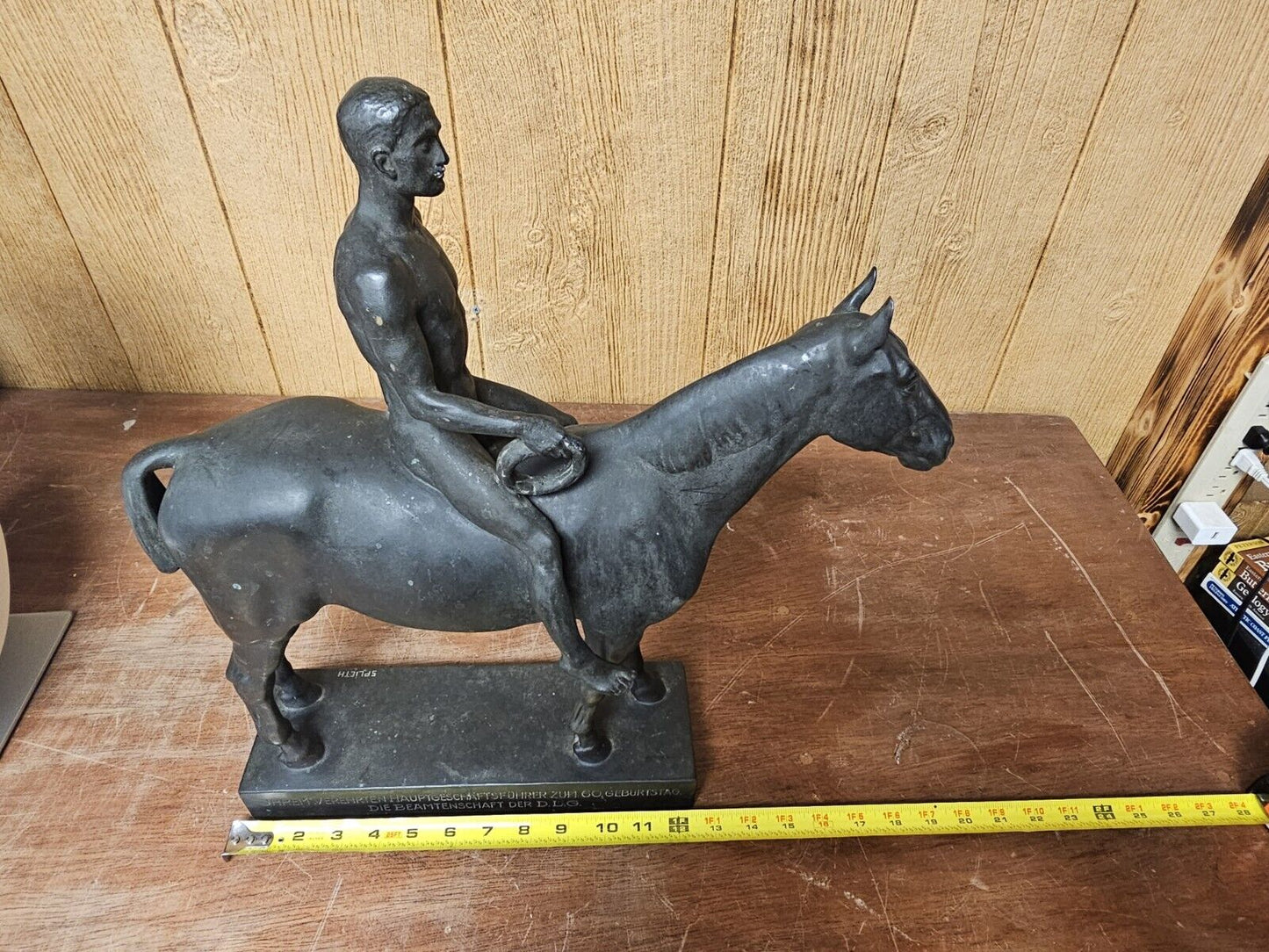 Vtg Heinrich Splieth Bronze Nude Man & Horse Statue Olympic Rider 27 Pounds