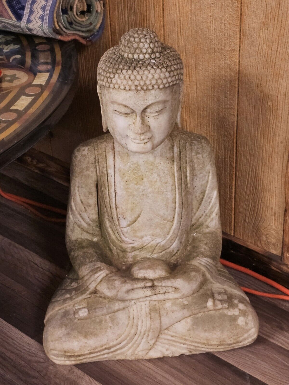 Chinese Oriental Distressed White Marble Stone Carved Sitting Buddha Very Heavy
