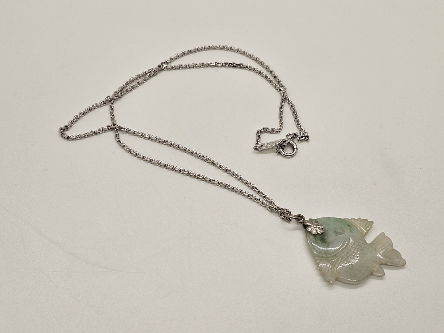Hand Carved Jade Fish Pendant 1.25" Long On Silver Necklace 17.75" Long