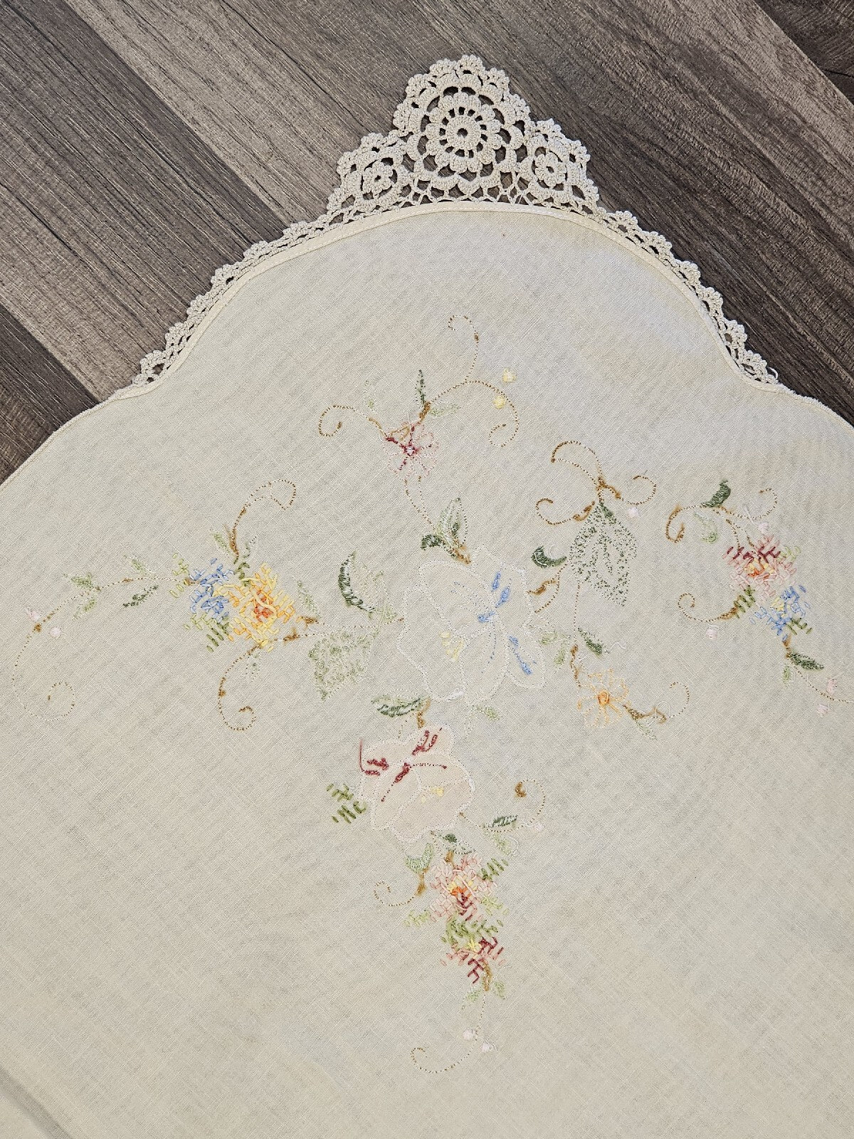 Vintage Handmade Linen Needlepoint Floral Table Cloth Cross Stitched 80" X 64"