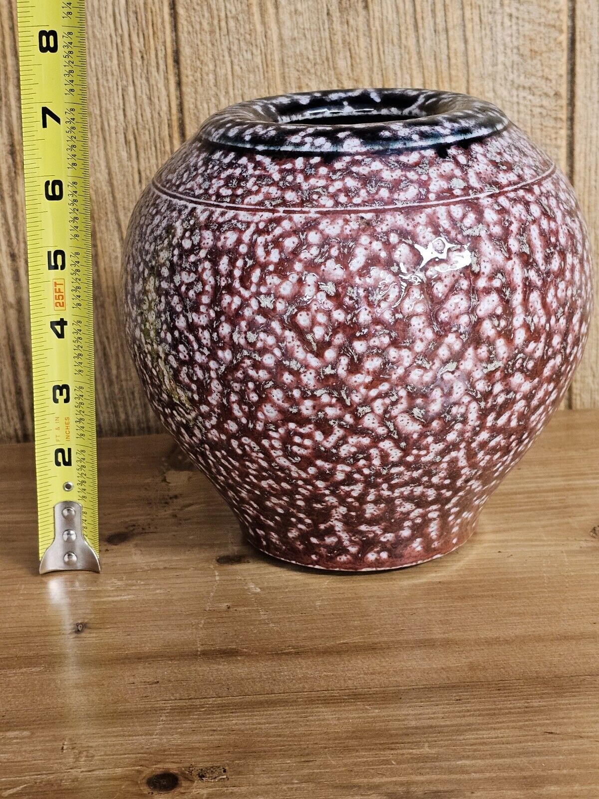 High Quality "Spongeware" Vase Iridescent Red White & Dark Blue Green 7" Tall