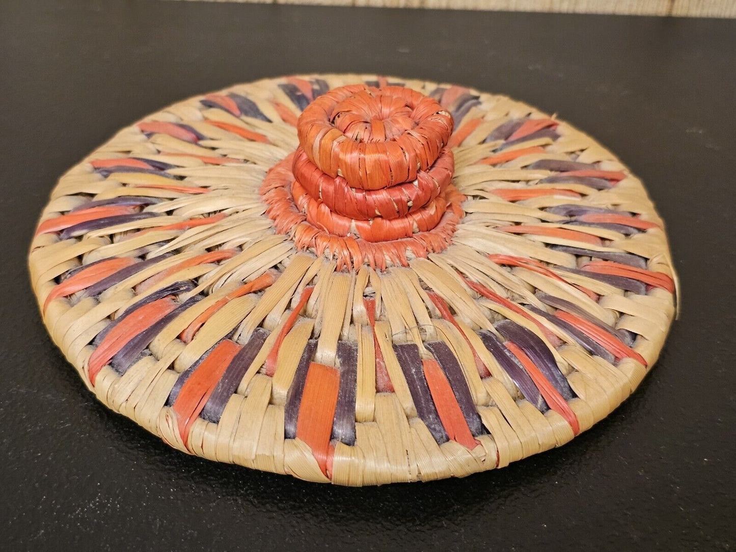 Vintage 1960s Mid-Century Hand Made Round Lidded Woven Basket Storage Sewing 9in