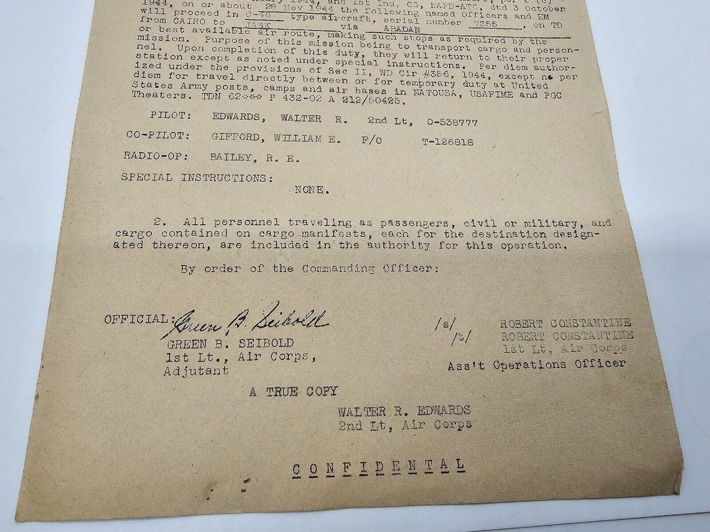 WW2 US Army Air Corps Pilot Official Flight Order Transporting C-46 Aircraft