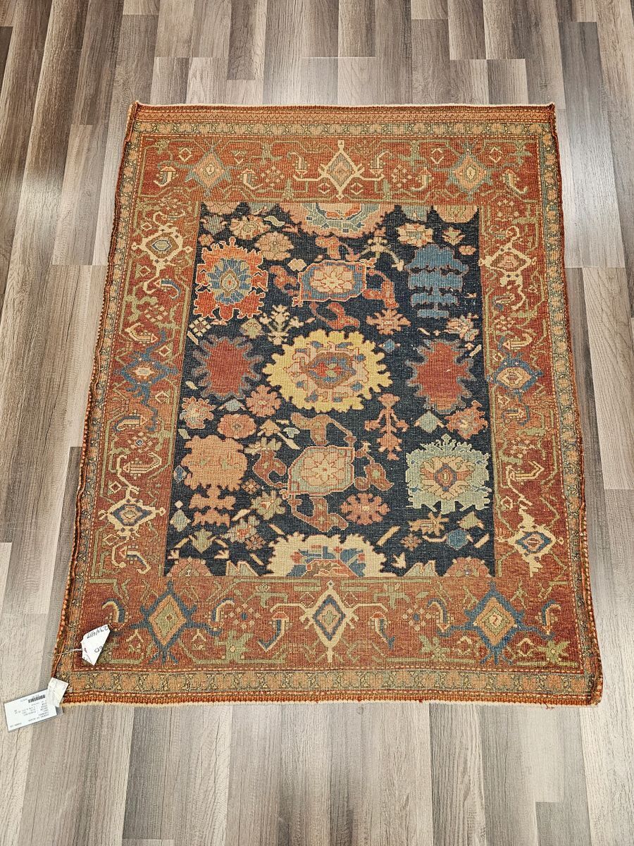 Handmade Turkish Tigris Rug w Floral Medallions on Blue Background 3' x 4'