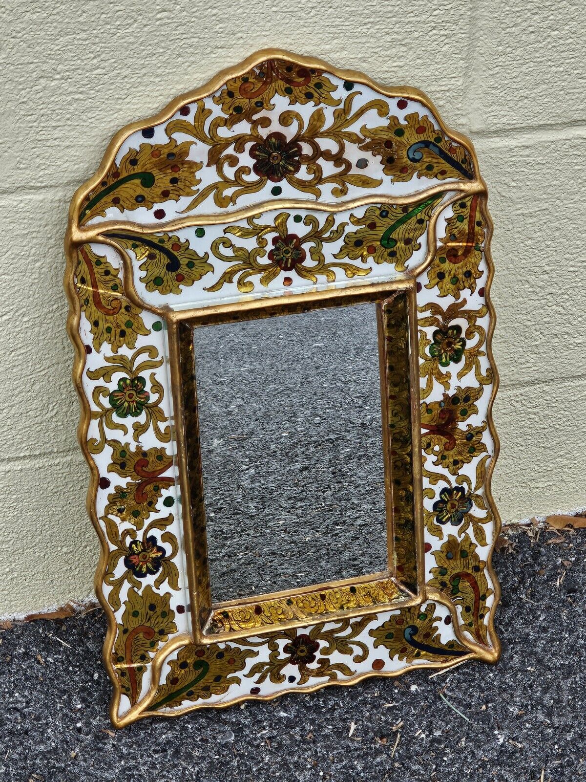 Vtg Reverse Hand Painted Glass Mirror On Wood With Gold Leaf & Ornate Medallions