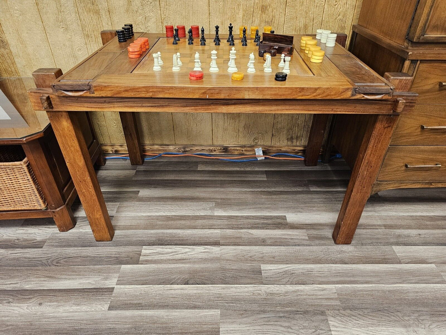 MCM Danish Modern Rosewood & Teak Game Table Chess Backgammon W Pieces