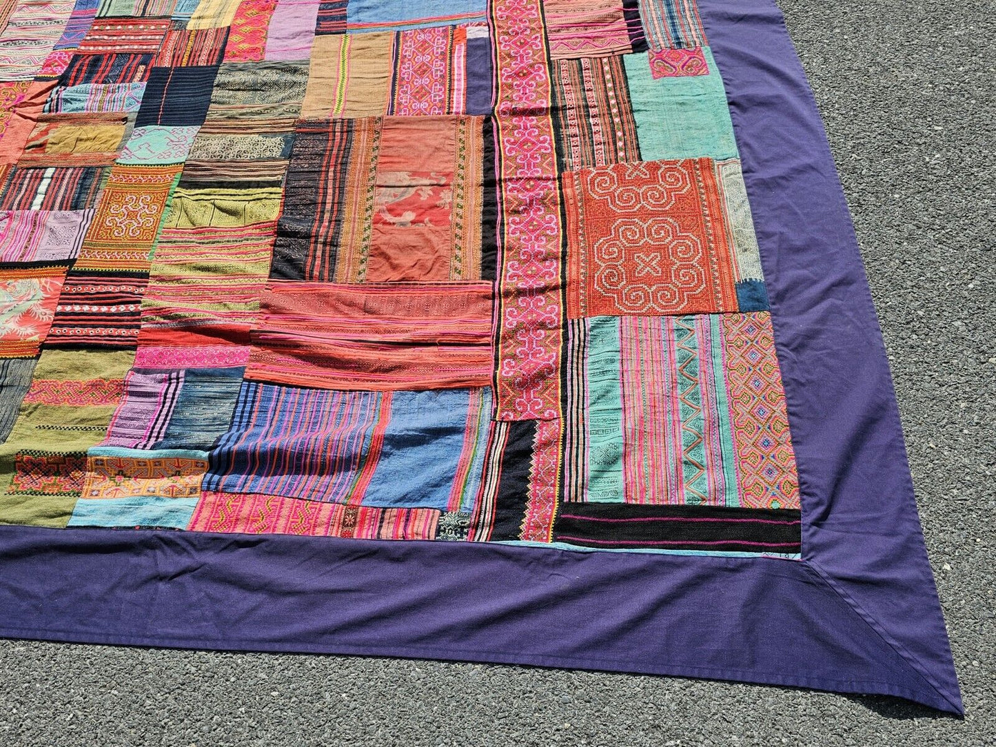 Vtg Tribal Indian Patchwork Quilt & Pillow Set Hand Stitched 99in X 96in