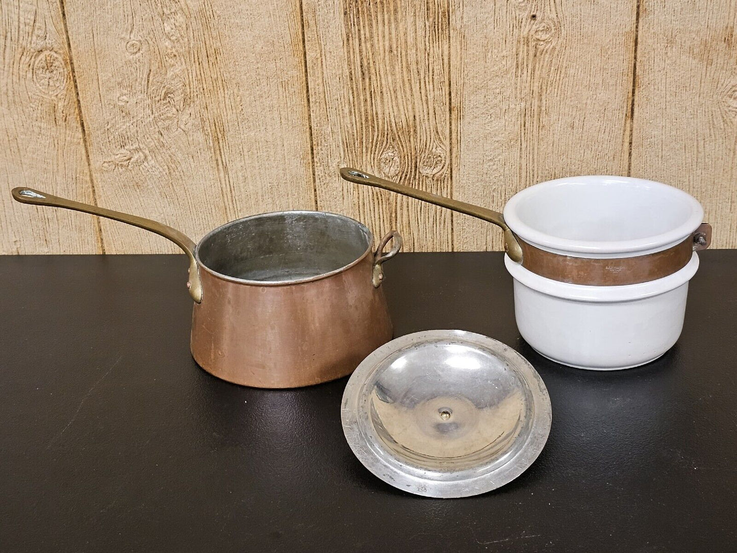 Vintage French Copper Brass Bazar Francais NY 666 Double Boiler 13" Wide X 7" Ta