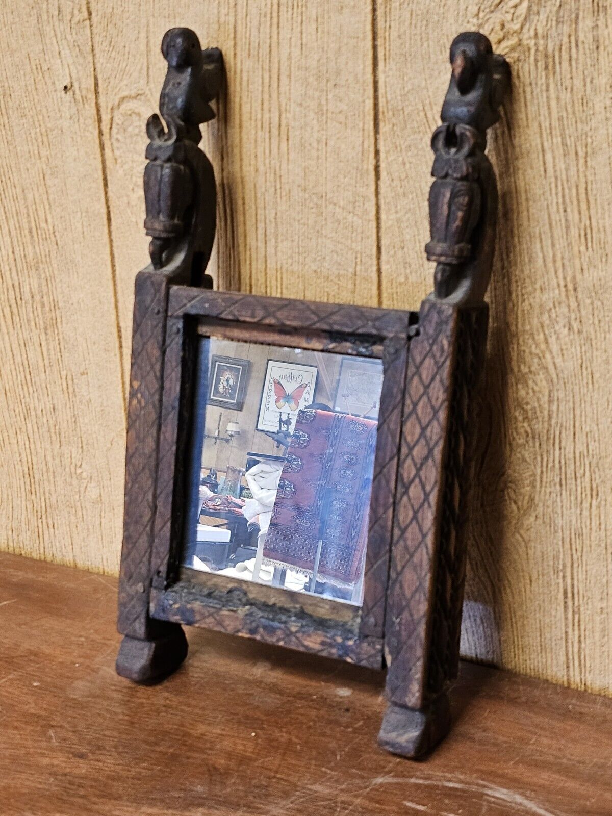Antique Handmade Mirror Carved Teak Horsehead & Raven Tribal Scandinavian Viking