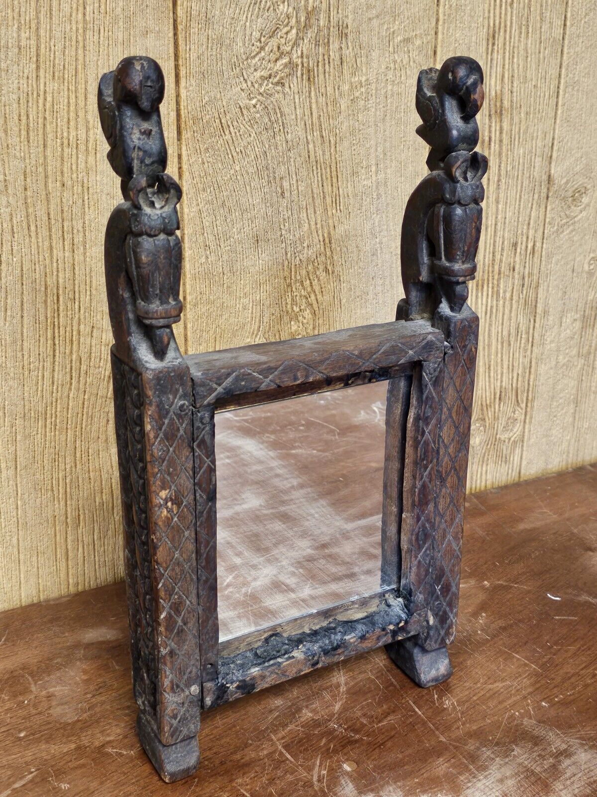 Antique Handmade Mirror Carved Teak Horsehead & Raven Tribal Scandinavian Viking
