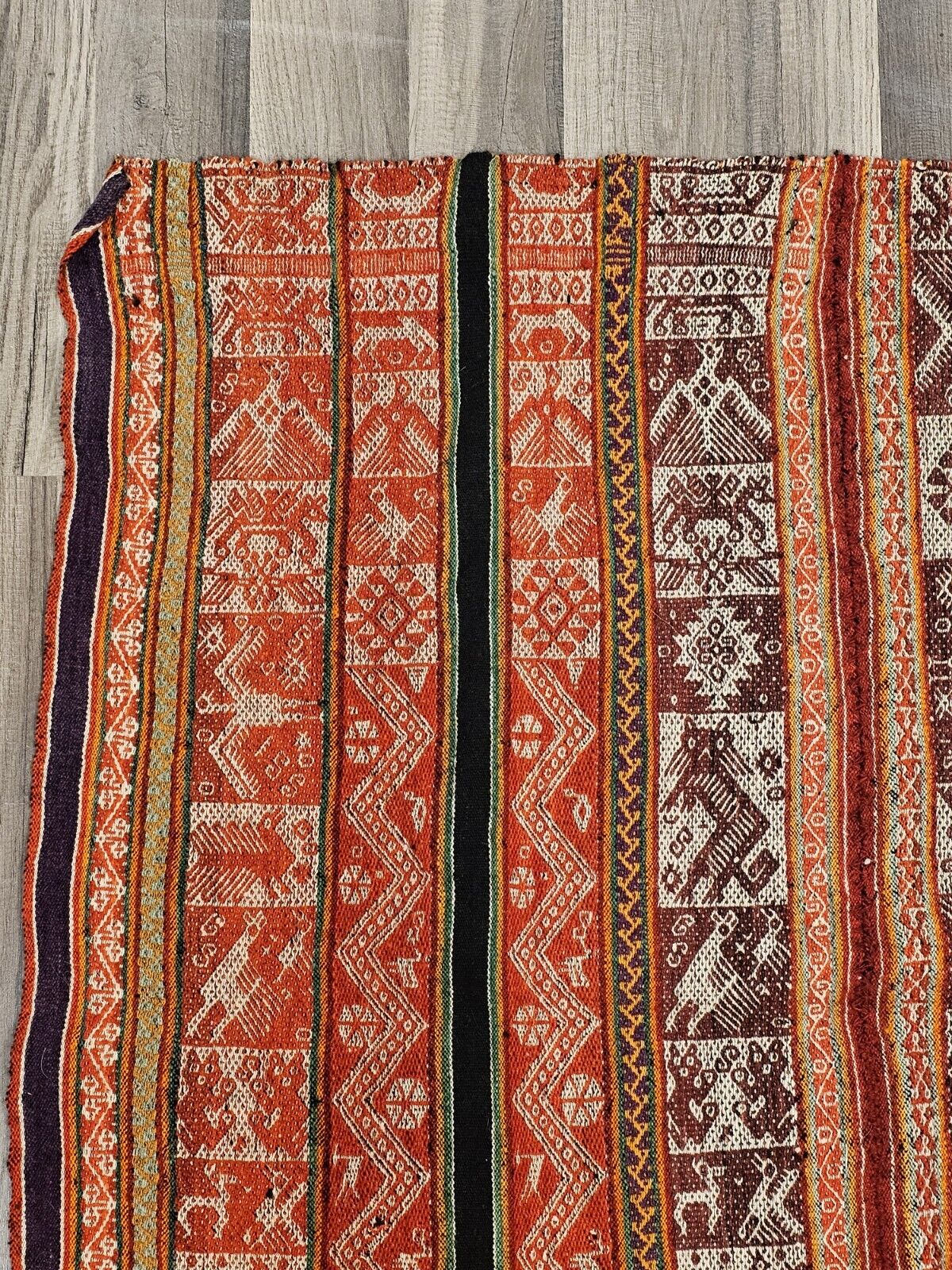 Vtg Peruvian Andean Mountain Pictorial Textile Manta 39" X 38" Red Prayer Rug