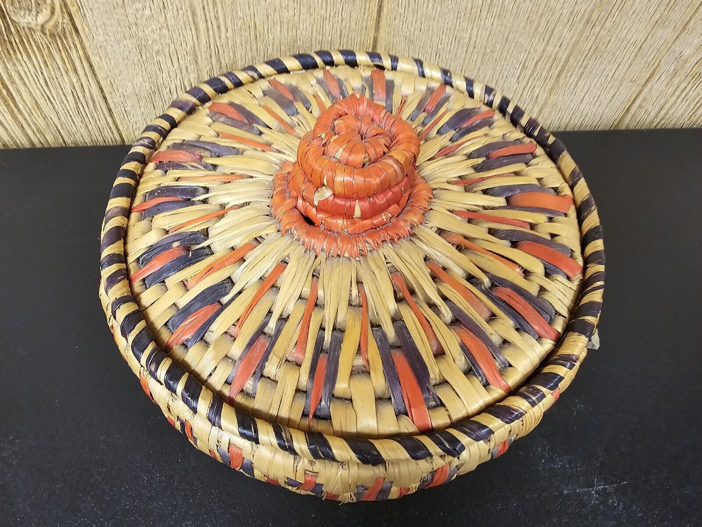 Vintage 1960s Mid-Century Hand Made Round Lidded Woven Basket Storage Sewing 9in