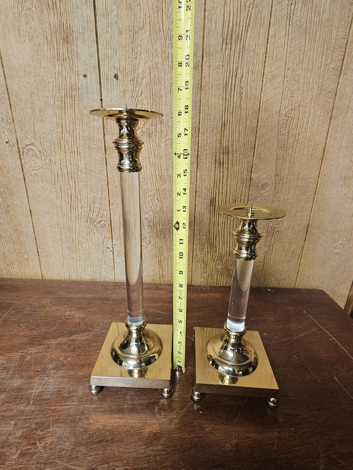 Vtg MCM Brass & Lucite Candle Holders Set Of Three 18.5 T X 16 T X 13.5 T