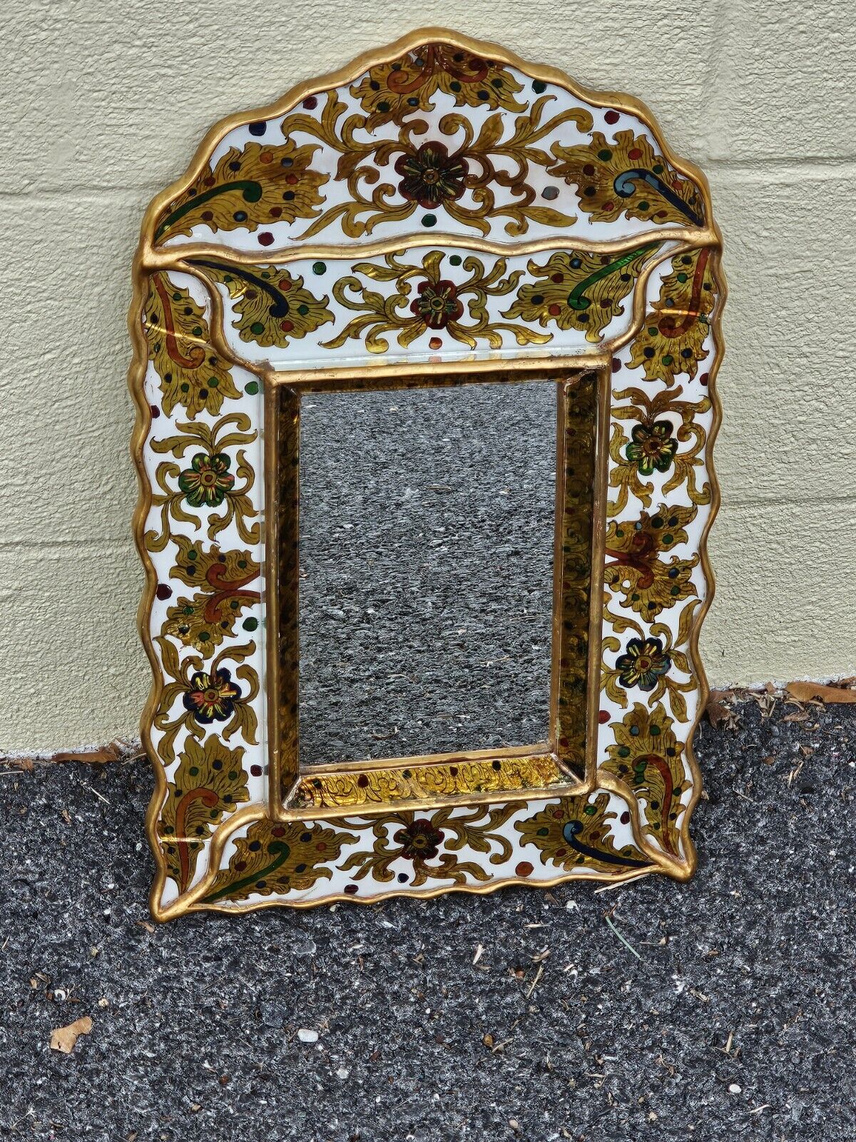 Vtg Reverse Hand Painted Glass Mirror On Wood With Gold Leaf & Ornate Medallions