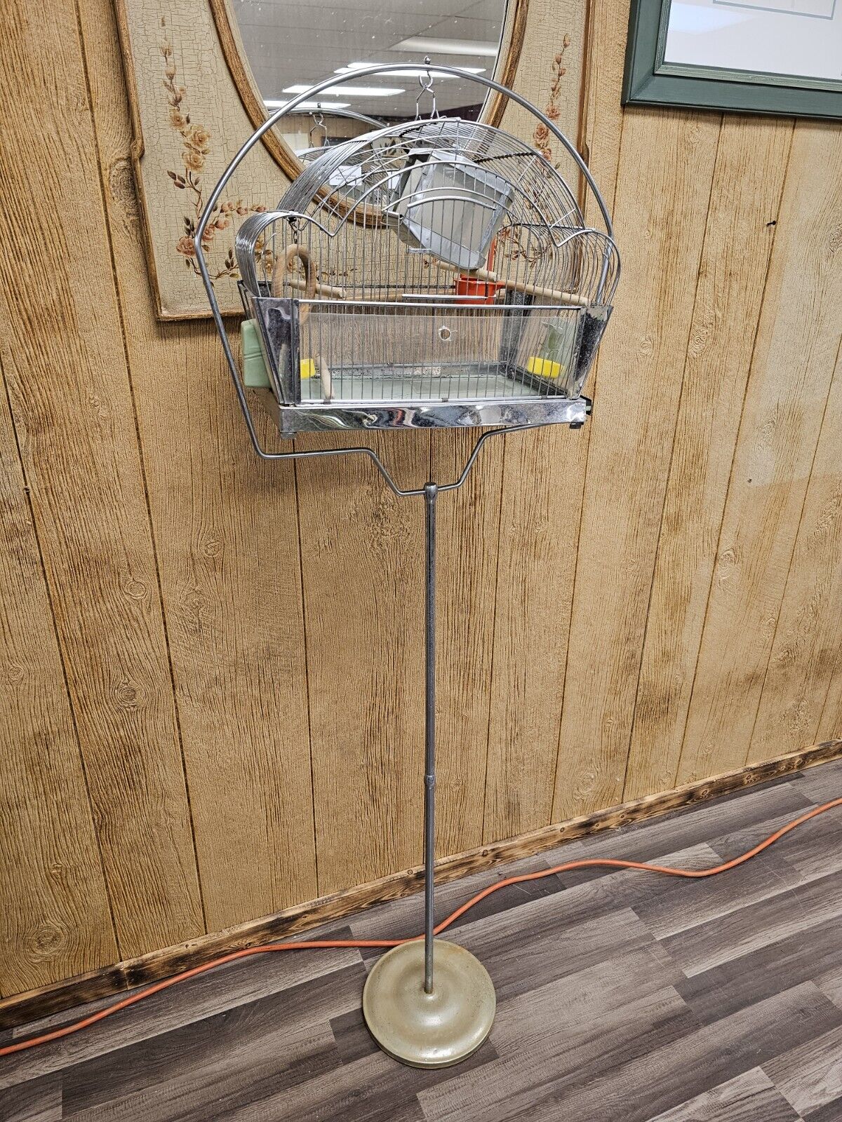 Vtg MCM Art Deco Chrome Genykage Bird Cage Stand Feeding Watering Accessories