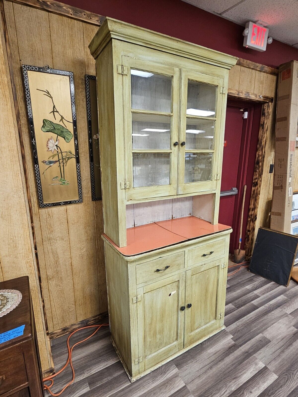 Antique Primitive Southern Country Farm Pine Storage Display Cabinet Green Hutch