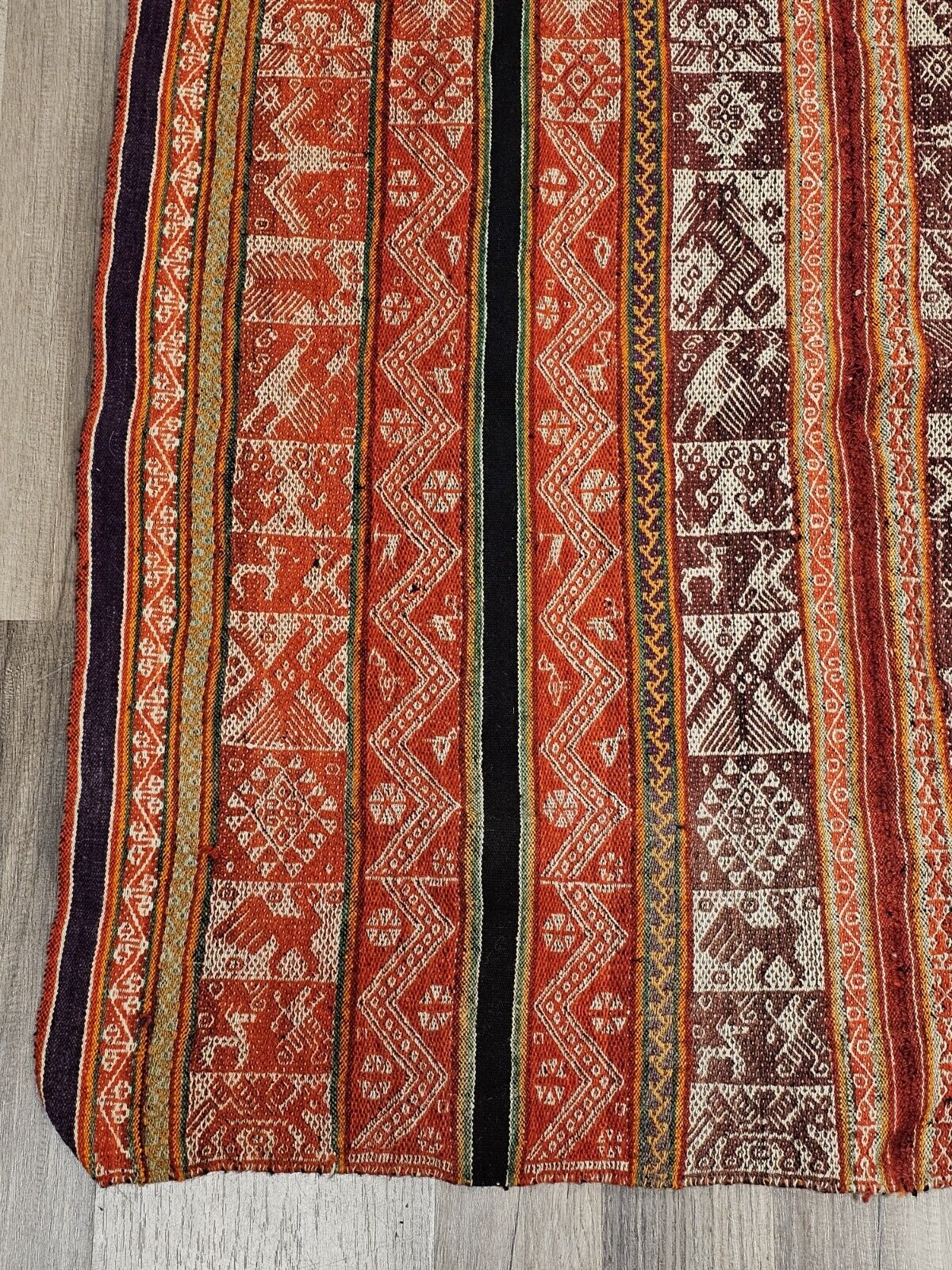 Vtg Peruvian Andean Mountain Pictorial Textile Manta 39" X 38" Red Prayer Rug