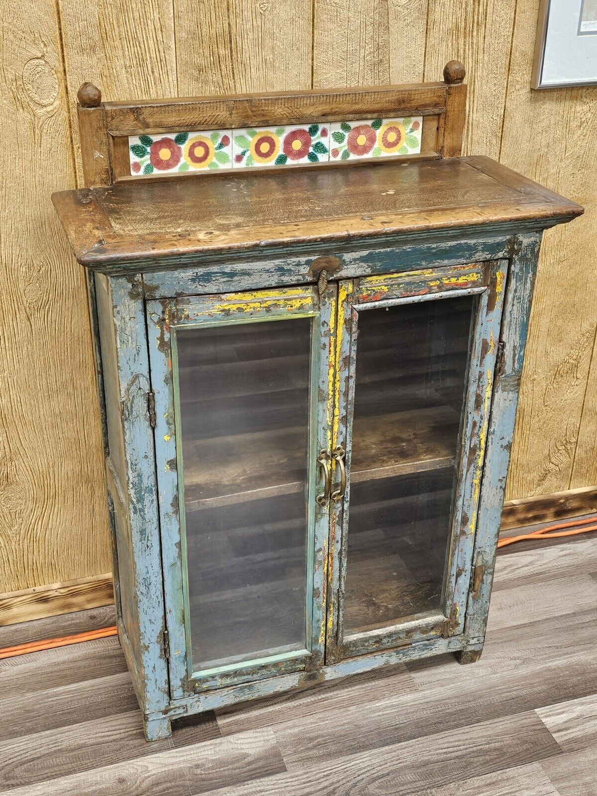 Antique Folk Art Distressed Shabby Chic Storage Display Cabinet 39 In Tall