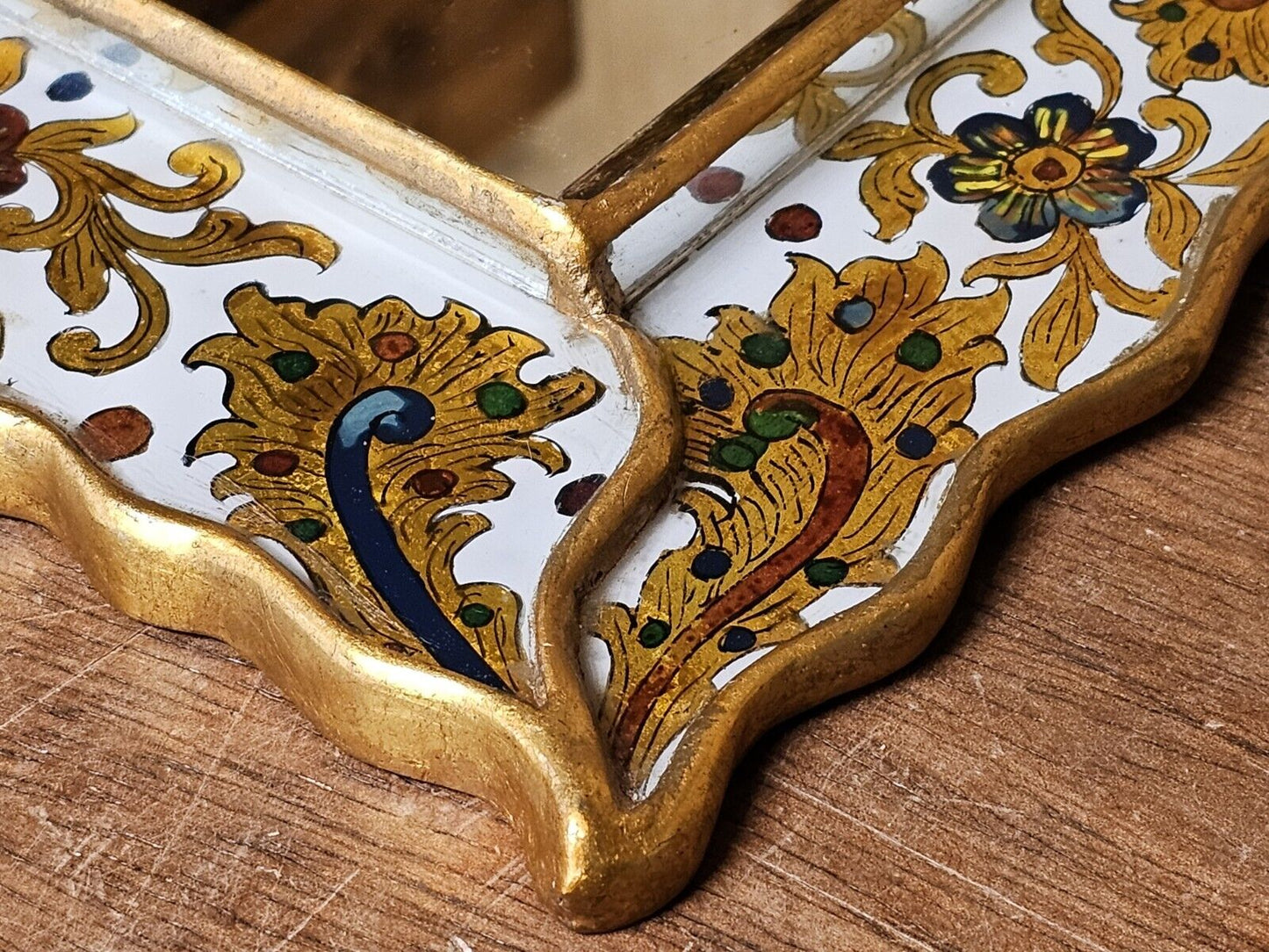Vtg Reverse Hand Painted Glass Mirror On Wood With Gold Leaf & Ornate Medallions