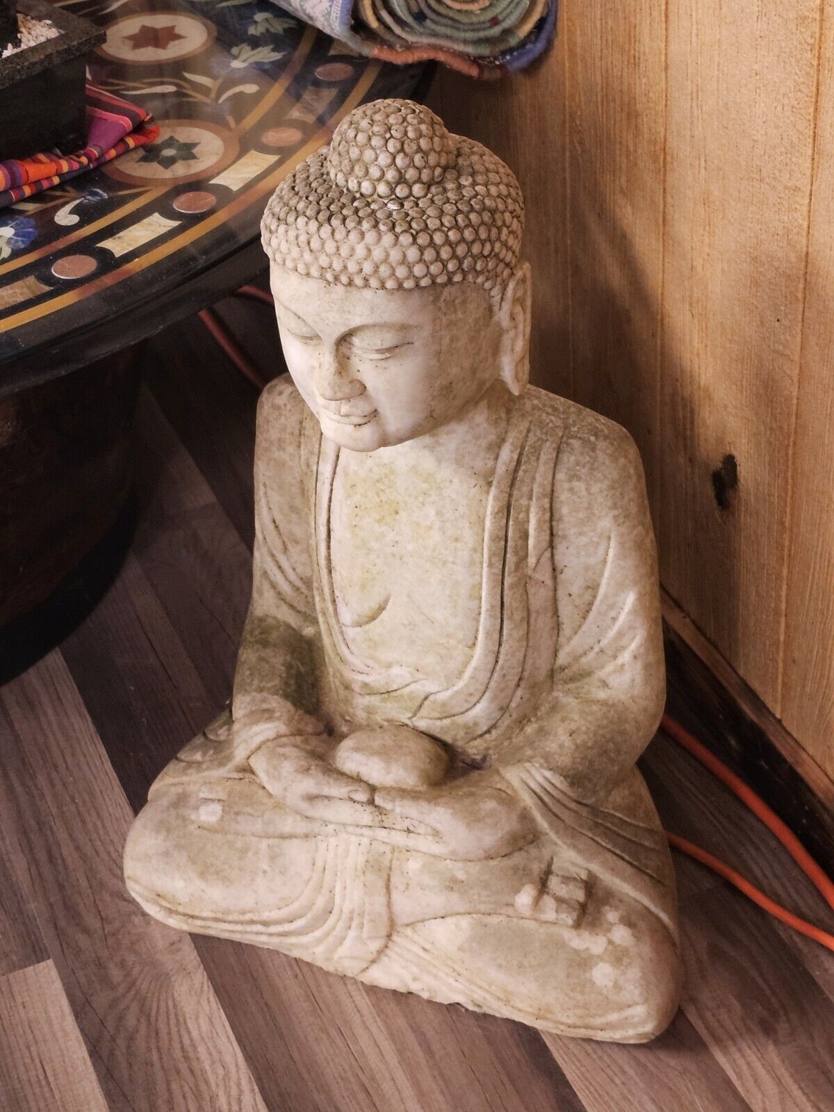Chinese Oriental Distressed White Marble Stone Carved Sitting Buddha Very Heavy