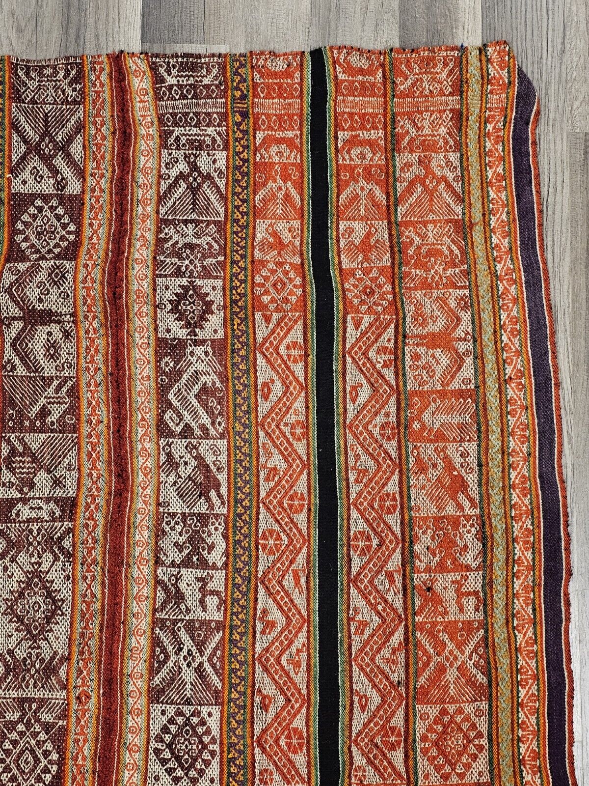 Vtg Peruvian Andean Mountain Pictorial Textile Manta 39" X 38" Red Prayer Rug