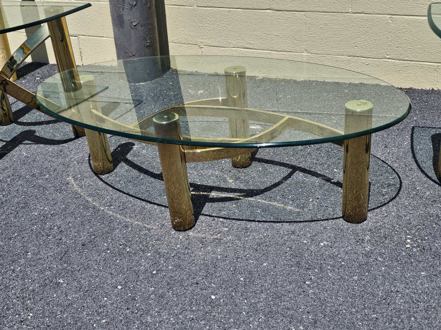 1980s Post Modern Tubular Brass & Beveled Glass Side Table Coffee Table Set