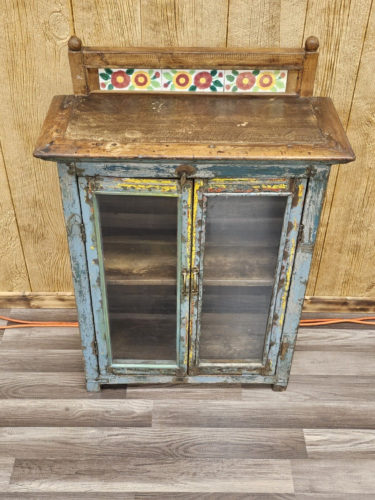 Antique Folk Art Distressed Shabby Chic Storage Display Cabinet 39 In Tall
