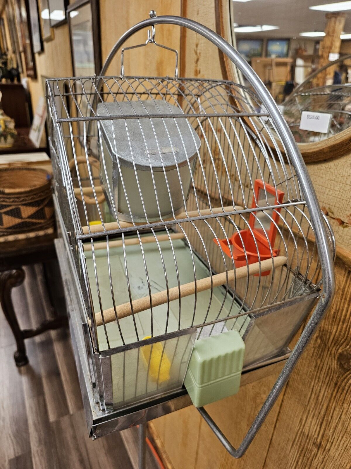 Vtg MCM Art Deco Chrome Genykage Bird Cage Stand Feeding Watering Accessories