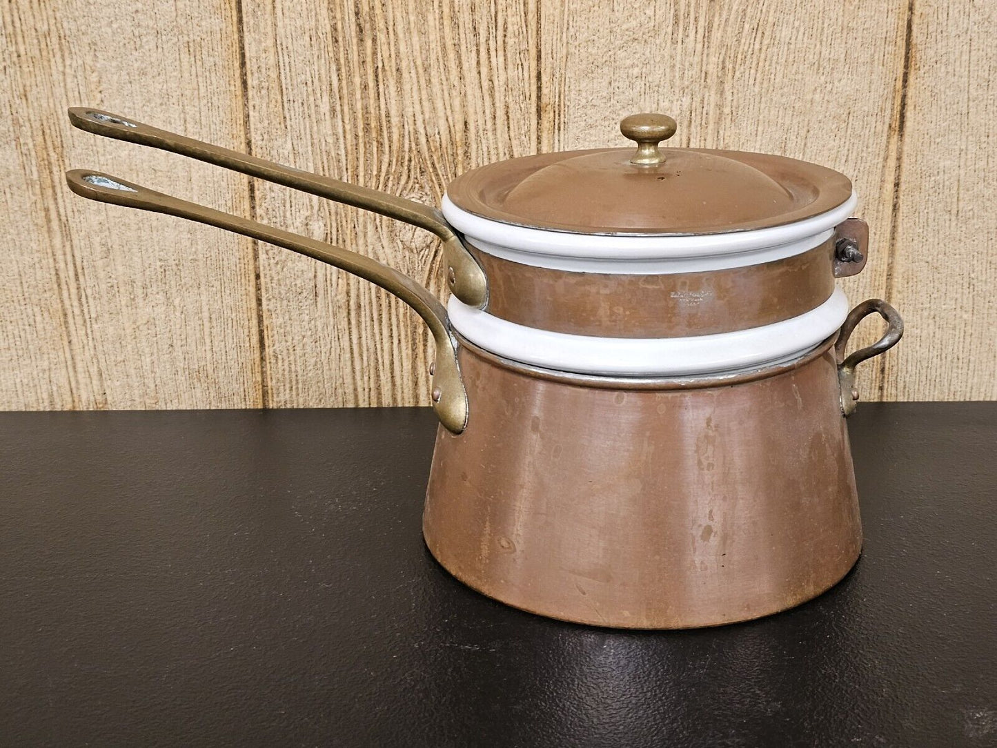 Vintage French Copper Brass Bazar Francais NY 666 Double Boiler 13" Wide X 7" Ta