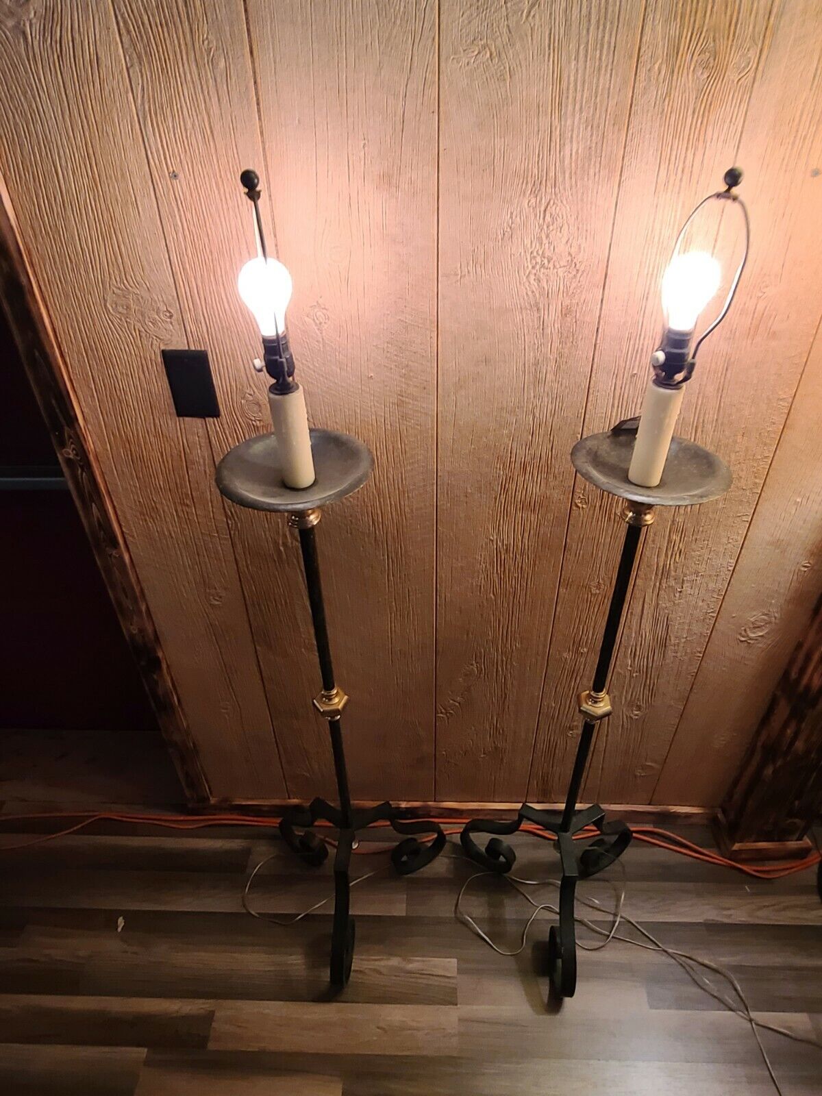 Wrought Iron Metal Pair of Mid Century Floor Lamps 3 Legs Dimmer Switches
