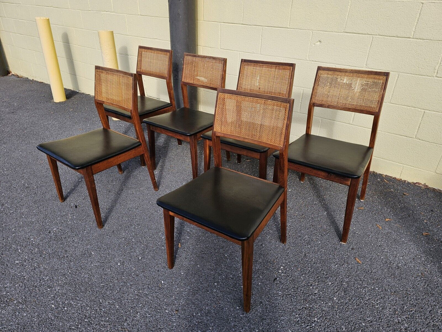 Mid Century Walnut Cane Back Dining Chairs Set Of 6 Jack Cartwright? Needs Work