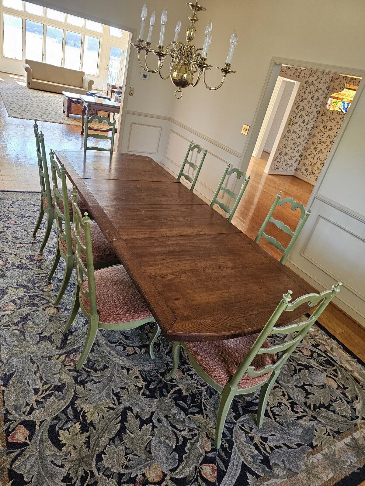 Wormy Chestnut Dining Table & 8 Chair Set 114 Inches Long On Modified Base
