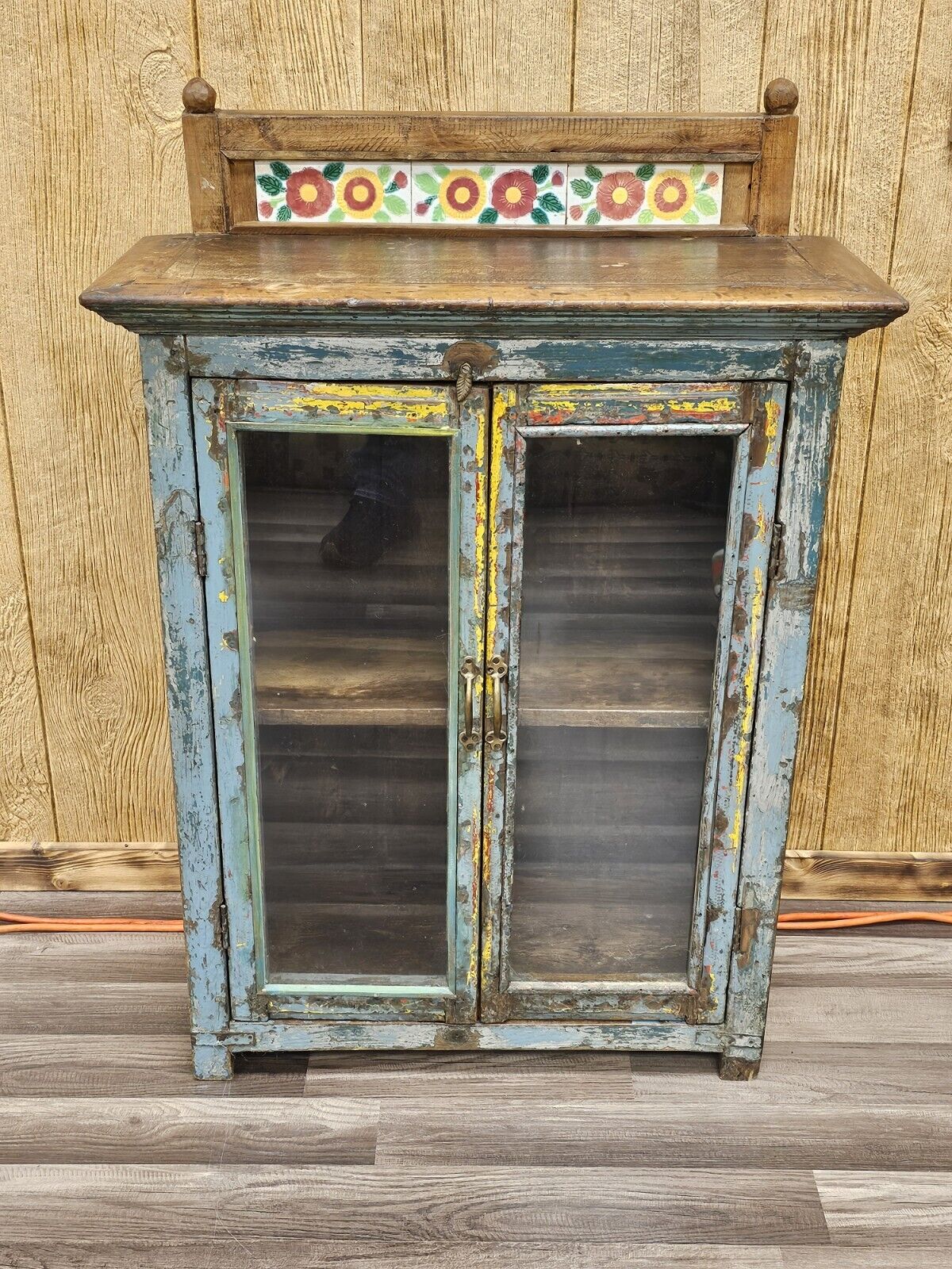 Antique Folk Art Distressed Shabby Chic Storage Display Cabinet 39 In Tall