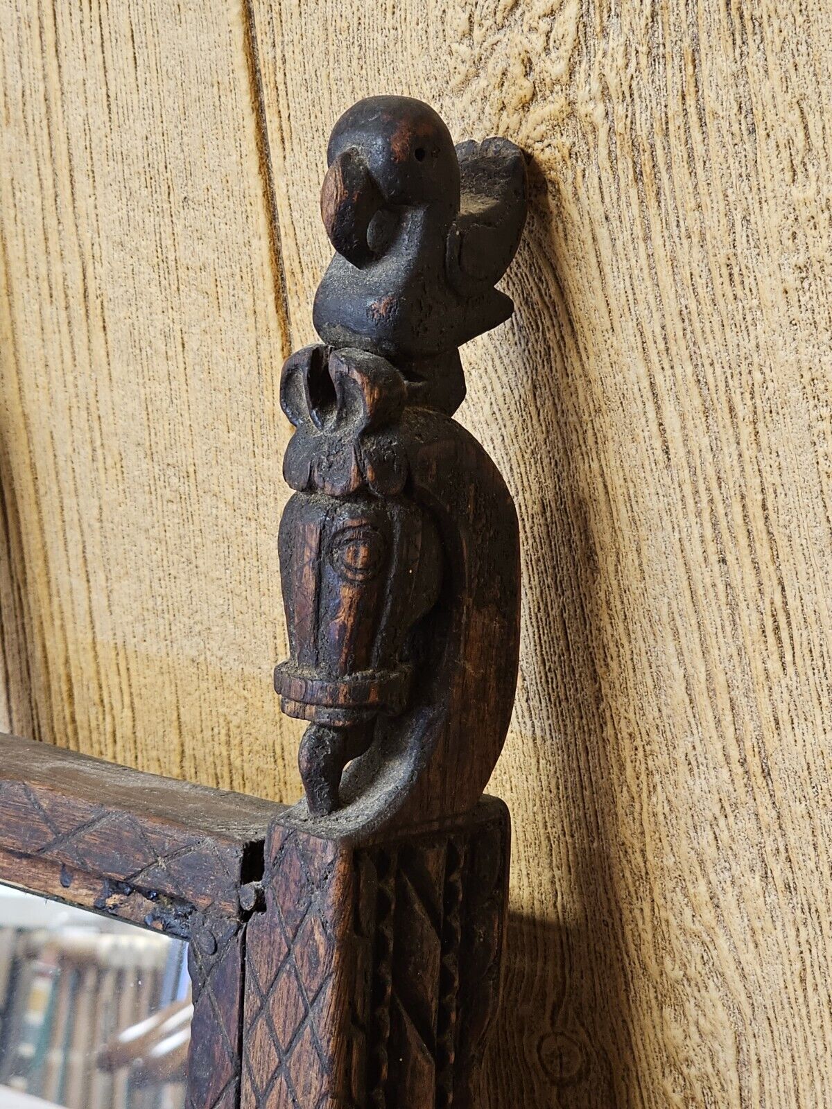 Antique Handmade Mirror Carved Teak Horsehead & Raven Tribal Scandinavian Viking