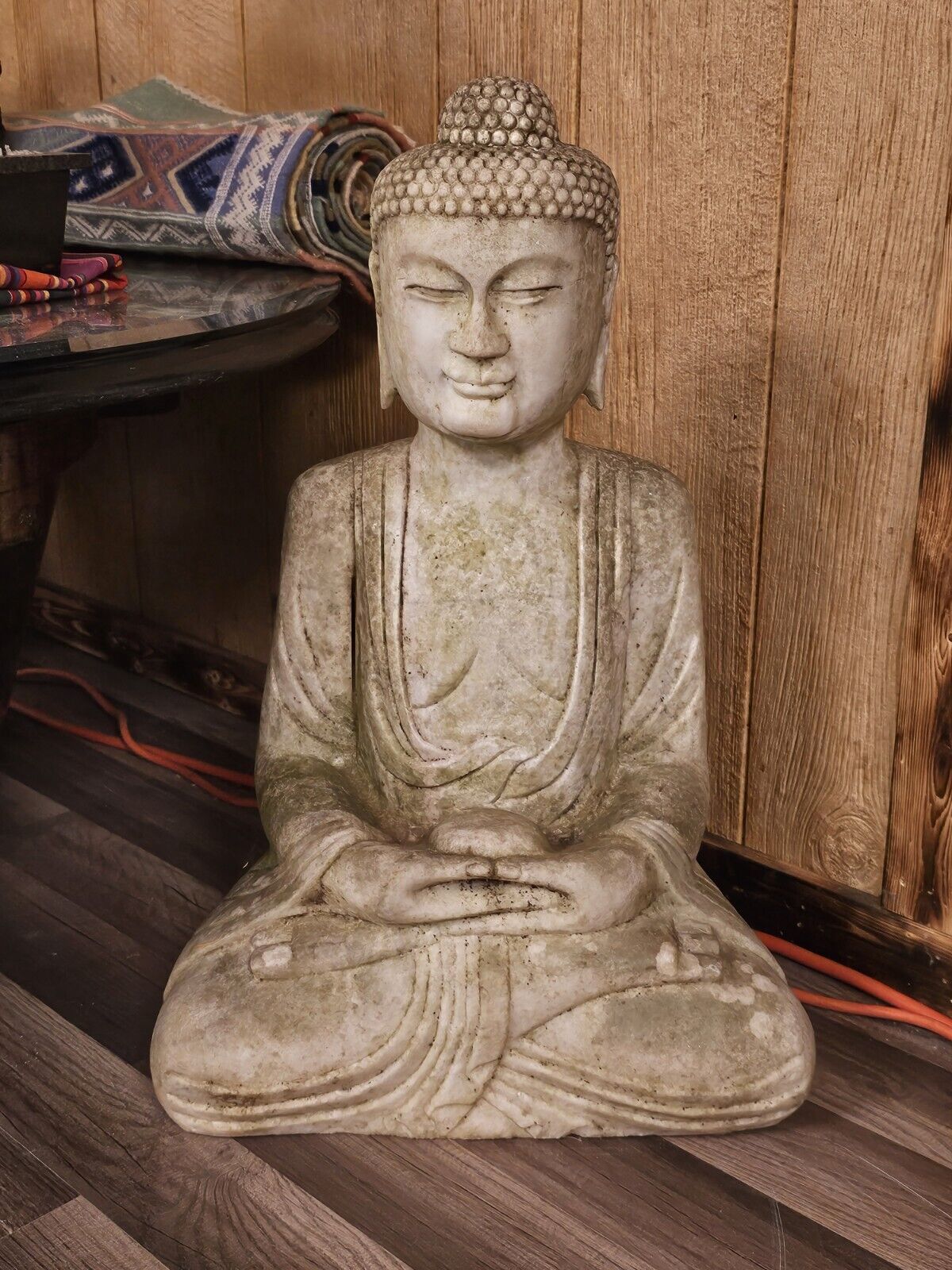 Chinese Oriental Distressed White Marble Stone Carved Sitting Buddha Very Heavy