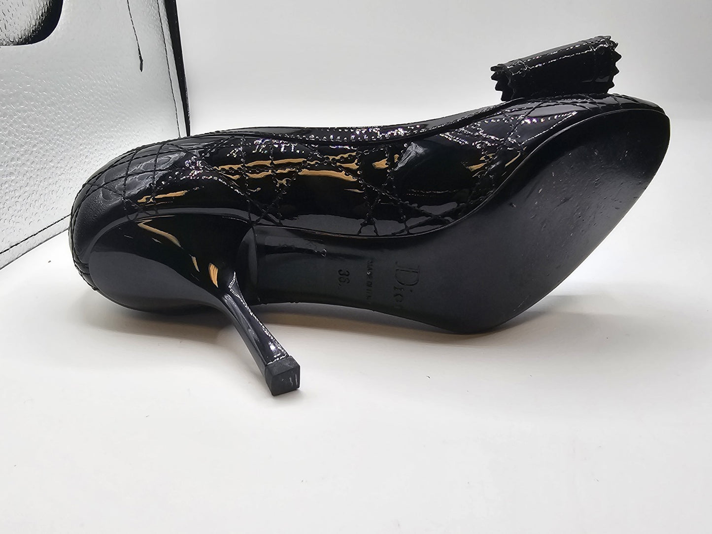 Christian Dior Black Canage Patent Leather Bow Peep Toe Pumps Size 36.5 Used