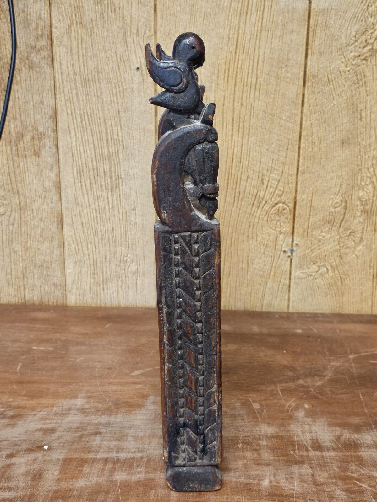 Antique Handmade Mirror Carved Teak Horsehead & Raven Tribal Scandinavian Viking