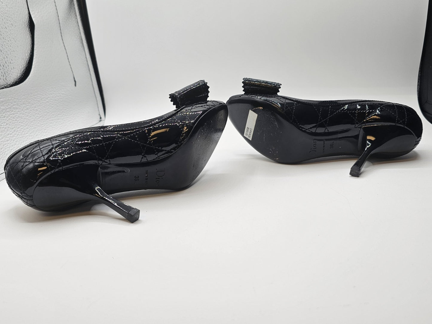 Christian Dior Black Canage Patent Leather Bow Peep Toe Pumps Size 36.5 Used
